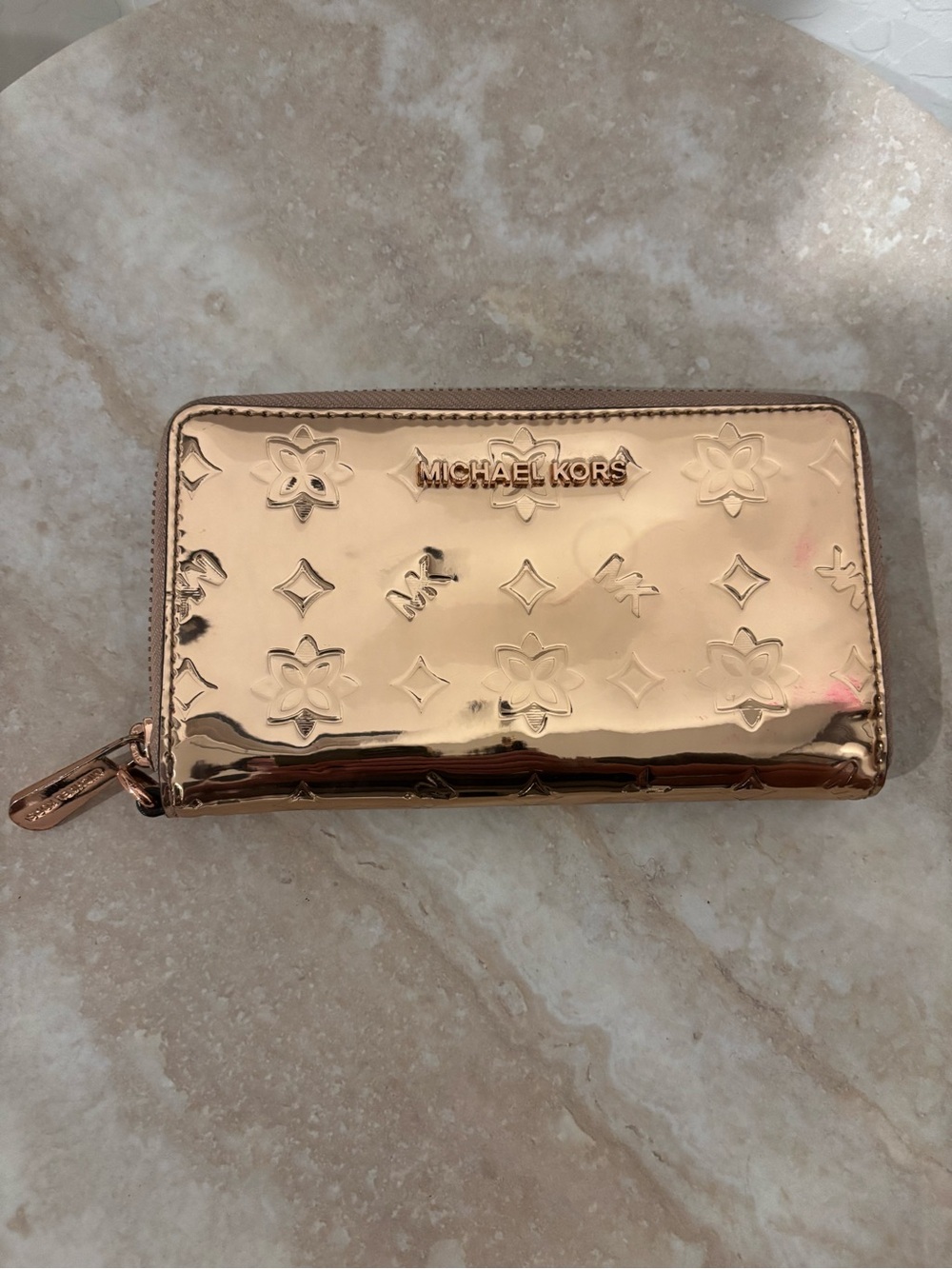 Michael Kors Rose Gold Metallic Patent Zip Wallet